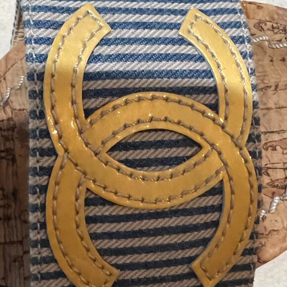 CHANEL Resort Cork Wedges Blue Striped Yellow CC Ankle Strap Shoes 36 6 - Picture 3 of 16